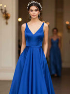 Royal Blue Satin V Neck Prom Dress With Floor Length A Line