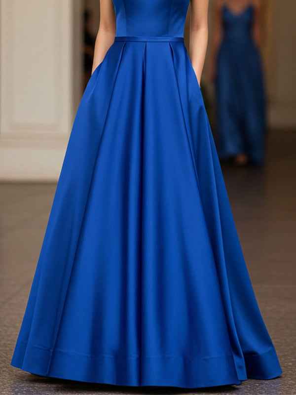 Royal Blue Satin V Neck Prom Dress With Floor Length A Line