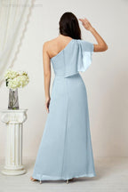 Chiffon Ruffled One Shoulder Long Bridesmaid Dresses A-line Formal Evening Gown Side Split 2809