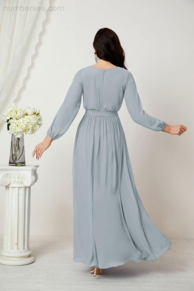 Evening Dresses Deep V-Neck Chiffon Bridesmaid Dresses Long Bishop Sleeve Side Split Formal Dress 2806