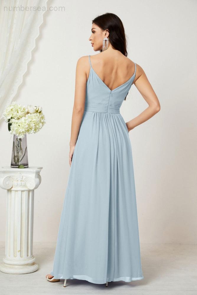 Chiffon V-Neck Bridesmaid Dress Spaghetti Strap Long Formal Party Prom Gowns with Slit 28010