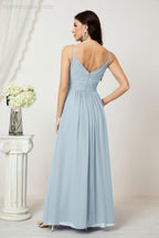 Chiffon V-Neck Bridesmaid Dress Spaghetti Strap Long Formal Party Prom Gowns with Slit 28010