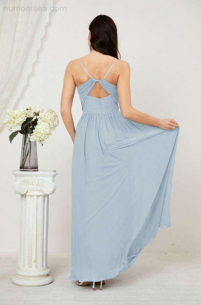 Neck Bridesmaid Dresses Chiffon Long Spaghetti A-line Formal Prom Gown for Wedding Party Evening 2801