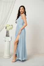 Chiffon V-Neck Bridesmaid Dress Spaghetti Strap Long Formal Party Prom Gowns with Slit 28010