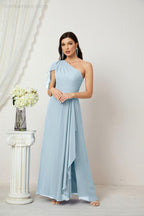 Chiffon Ruffled One Shoulder Long Bridesmaid Dresses A-line Formal Evening Gown Side Split 2809