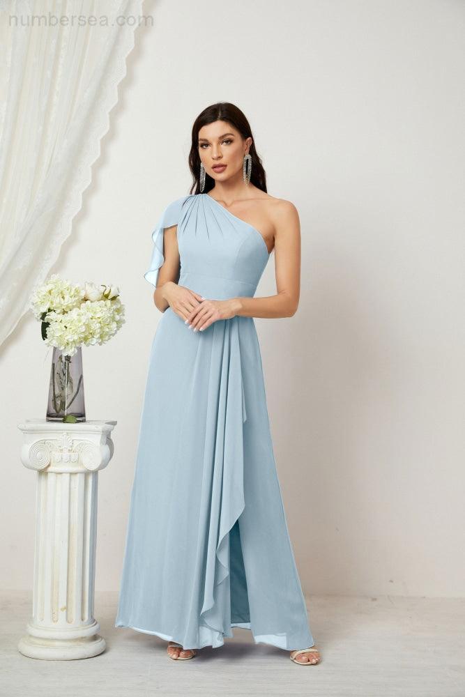 Chiffon Ruffled One Shoulder Long Bridesmaid Dresses A-line Formal Evening Gown Side Split 2809
