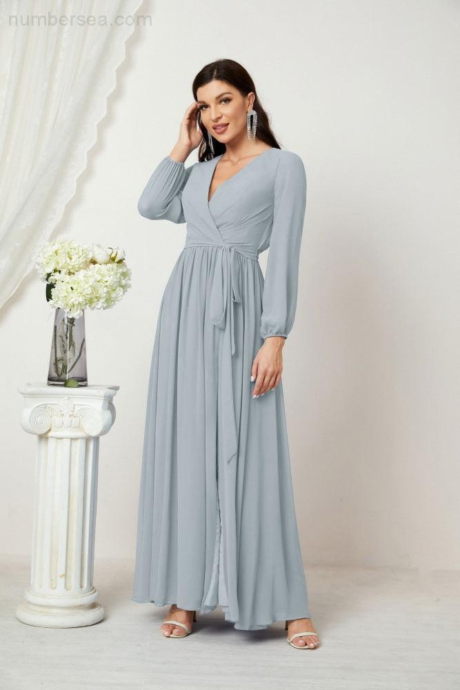 Evening Dresses Deep V-Neck Chiffon Bridesmaid Dresses Long Bishop Sleeve Side Split Formal Dress 2806