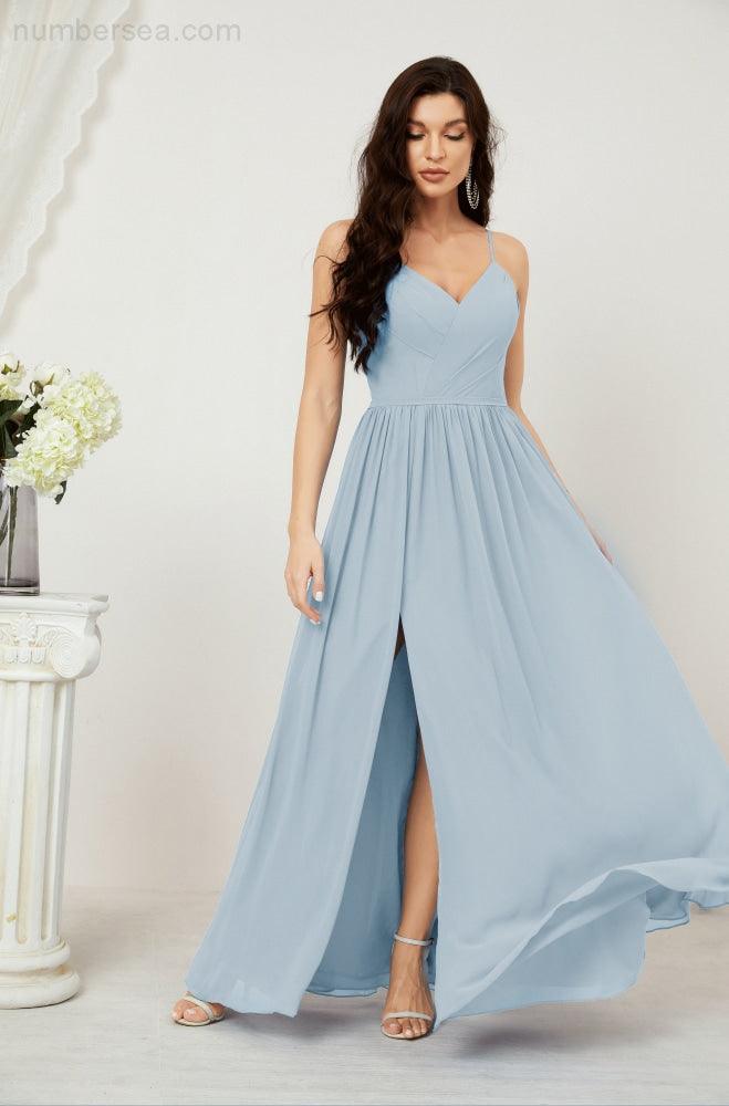 Neck Bridesmaid Dresses Chiffon Long Spaghetti A-line Formal Prom Gown for Wedding Party Evening 2801