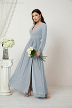 Evening Dresses Deep V-Neck Chiffon Bridesmaid Dresses Long Bishop Sleeve Side Split Formal Dress 2806