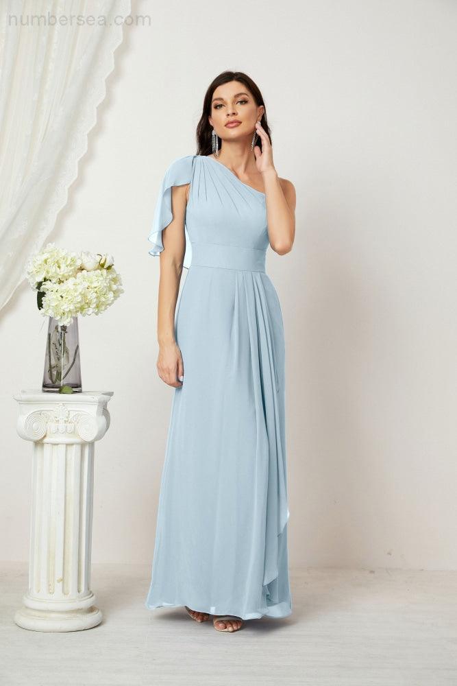 Chiffon Ruffled One Shoulder Long Bridesmaid Dresses A-line Formal Evening Gown Side Split 2809