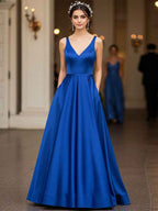 Royal Blue Satin V Neck Prom Dress With Floor Length A Line