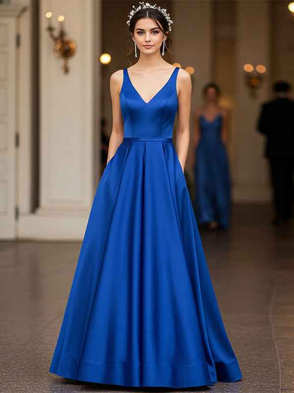 Royal Blue Satin V Neck Prom Dress With Floor Length A Line