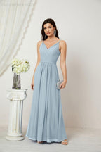 Chiffon V-Neck Bridesmaid Dress Spaghetti Strap Long Formal Party Prom Gowns with Slit 28010