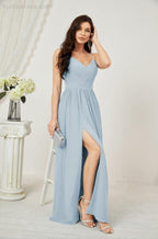Neck Bridesmaid Dresses Chiffon Long Spaghetti A-line Formal Prom Gown for Wedding Party Evening 2801