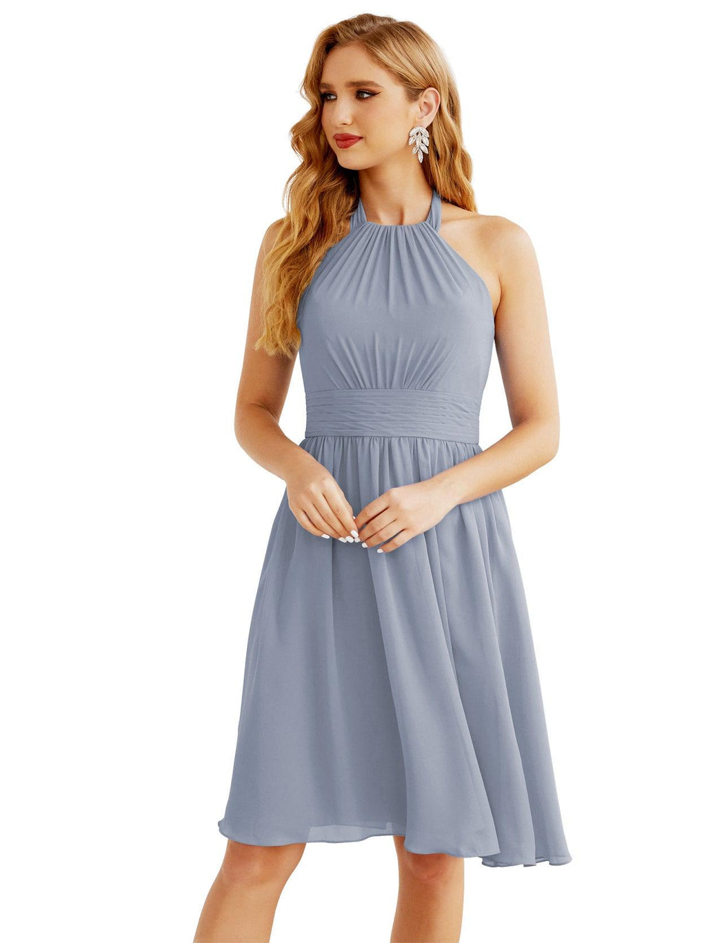 Halter Chiffon Bridesmaid Dresses Short Sleeveless Formal Party Dress Open Back 28023