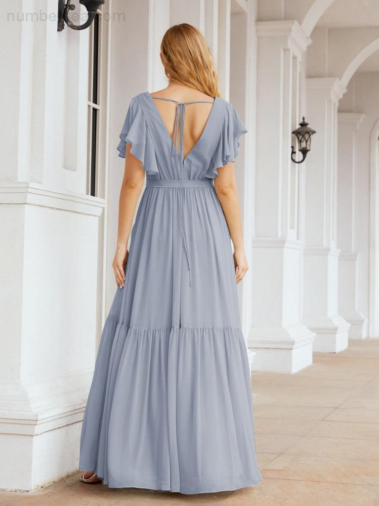 Abiti da sera formali da donna Numbersea con schiena scoperta, scollo a V, lunghi in chiffon, abiti da damigella con cintura in vita 28038