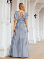 Abiti da sera formali da donna Numbersea con schiena scoperta, scollo a V, lunghi in chiffon, abiti da damigella con cintura in vita 28038