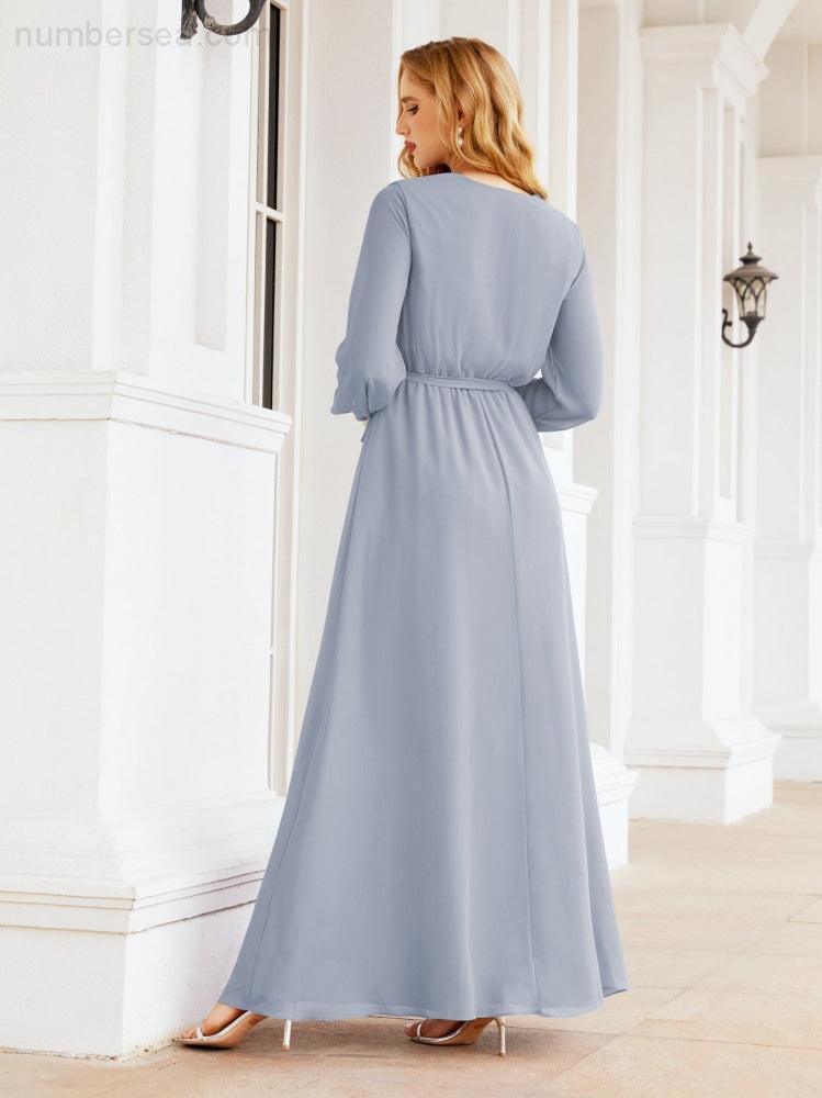 Vestito da damigella d'onore in chiffon da donna Numbersea, linea a trapezio, maniche lunghe, abito lungo formale da sera per ospite di matrimonio 28032