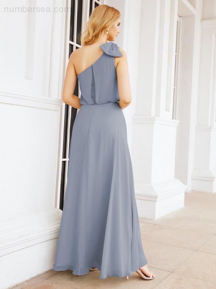 Chiffon Ruffled One Shoulder Sleeveless Long Bride Dresses A-line Formal Evening Gown Side Split 28057