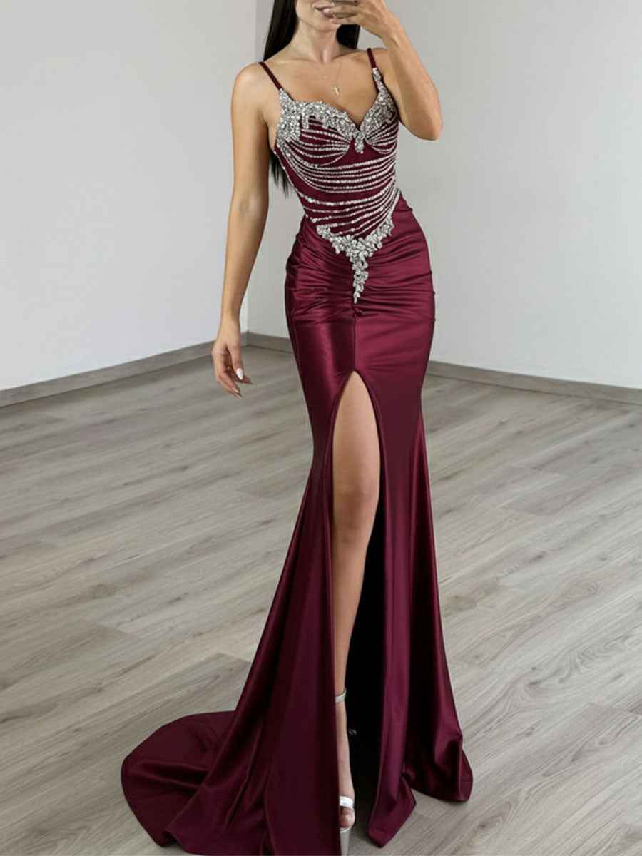Gold Satin Prom Dress With Beaded Corset Bodice And Side Slit