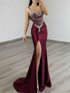 Gold Satin Prom Dress With Beaded Corset Bodice And Side Slit