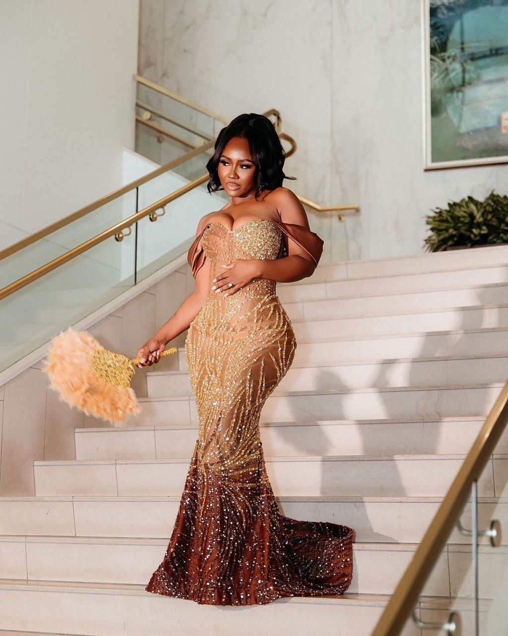 Golden Sunset Ombre Beaded Mermaid Prom Dress With Feather Trim