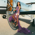 Purple Royalty Sequined Mermaid Prom Dress With 3D Florals And Train