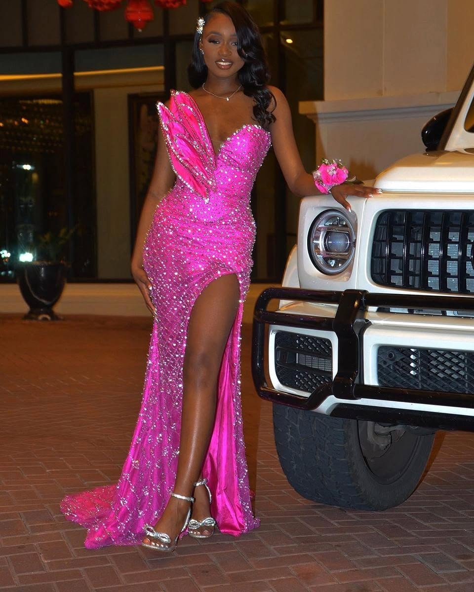 Hot Pink Sequined Prom Dress One Shoulder High Slit Mermaid Gown