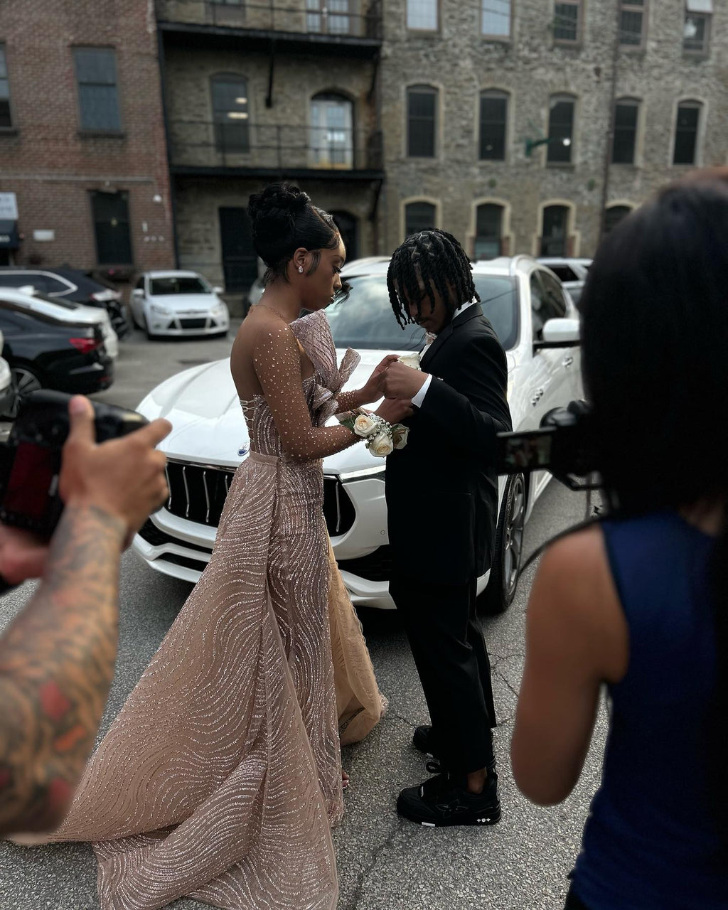 Rose Gold Beaded Mermaid Prom Dress With Long Sleeves And High Slit