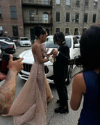 Rose Gold Beaded Mermaid Prom Dress With Long Sleeves And High Slit
