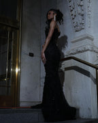 Luxury Black Sequin Mermaid Prom Dress – Illusion Corset Bodice with 3D Beaded Lace & Off-the-Shoulder Detail | 2026 Gothic Glamour Evening Collection
