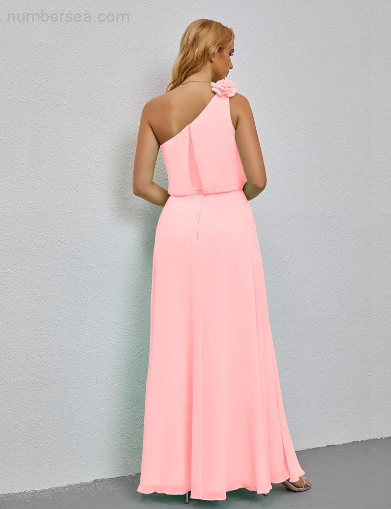 Ruffled One Shoulder Sleeveless Long Bridesmaid Dresses A-line Formal Evening Gown Side Split 28080