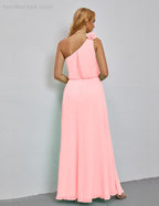 Ruffled One Shoulder Sleeveless Long Bridesmaid Dresses A-line Formal Evening Gown Side Split 28080