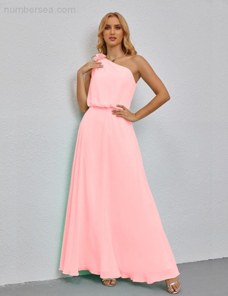 Ruffled One Shoulder Sleeveless Long Bridesmaid Dresses A-line Formal Evening Gown Side Split 28080