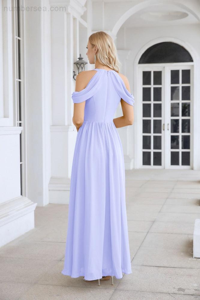 Abito da sera da damigella in chiffon con spalle scoperte, maniche a campana e spacco frontale, abito da festa nuziale 28117