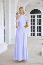 Abito da sera da damigella in chiffon con spalle scoperte, maniche a campana e spacco frontale, abito da festa nuziale 28117