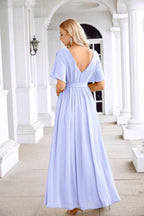 Robe de soirée longue jusqu'au sol pour demoiselle d'honneur, manches en mousseline, encolure ronde, fente avant, pour mariage et fête 28124