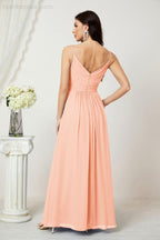Chiffon V-Neck Bridesmaid Dress Spaghetti Strap Long Formal Party Prom Gowns with Slit 28010