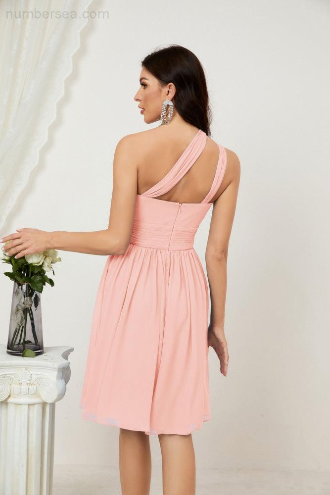 Women Chiffon Short One Shoulder Bridesmaid Dress Formal Dresses for Party Homecoming  2804