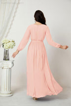 Evening Dresses Deep V-Neck Chiffon Bridesmaid Dresses Long Bishop Sleeve Side Split Formal Dress 2806