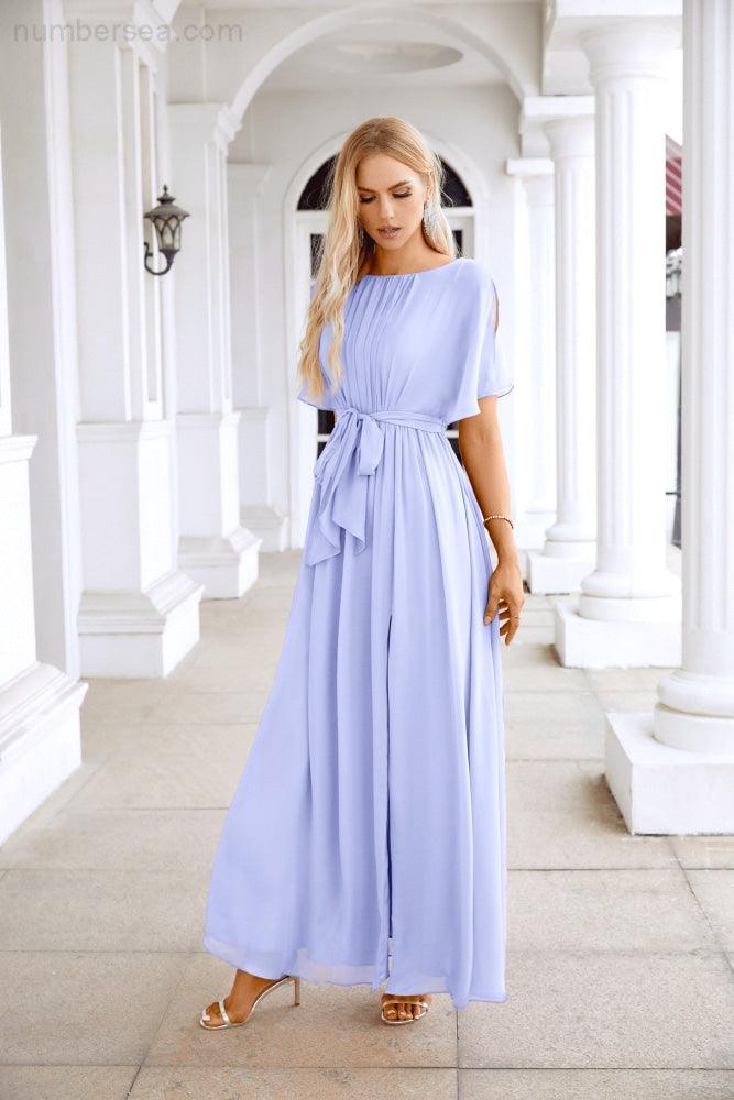 Robe de soirée longue jusqu'au sol pour demoiselle d'honneur, manches en mousseline, encolure ronde, fente avant, pour mariage et fête 28124