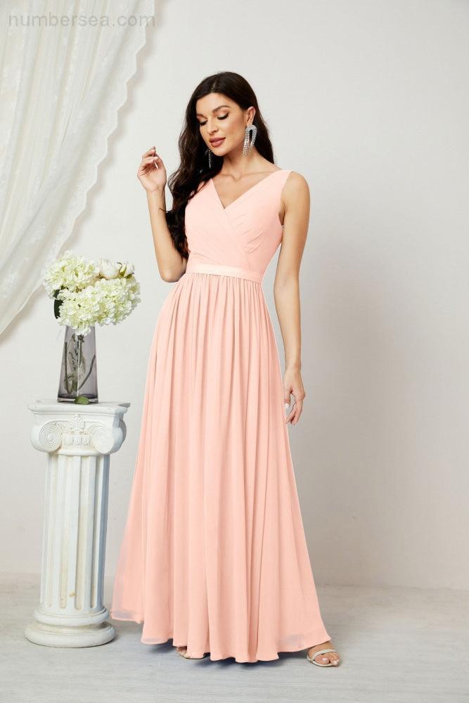 Abiti lunghi da damigella in chiffon da donna, linea a, senza maniche, abito formale da ballo per serata, abiti per festa di ritorno a casa 2808
