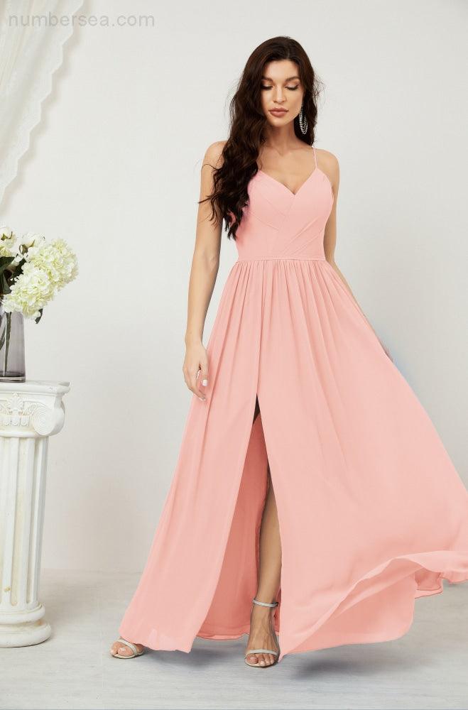 Neck Bridesmaid Dresses Chiffon Long Spaghetti A-line Formal Prom Gown for Wedding Party Evening 2801