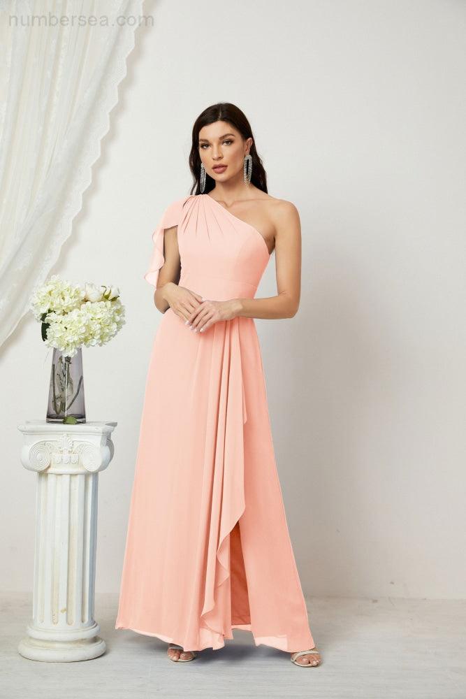 Chiffon Ruffled One Shoulder Long Bridesmaid Dresses A-line Formal Evening Gown Side Split 2809