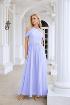 Abito da sera da damigella in chiffon con spalle scoperte, maniche a campana e spacco frontale, abito da festa nuziale 28117