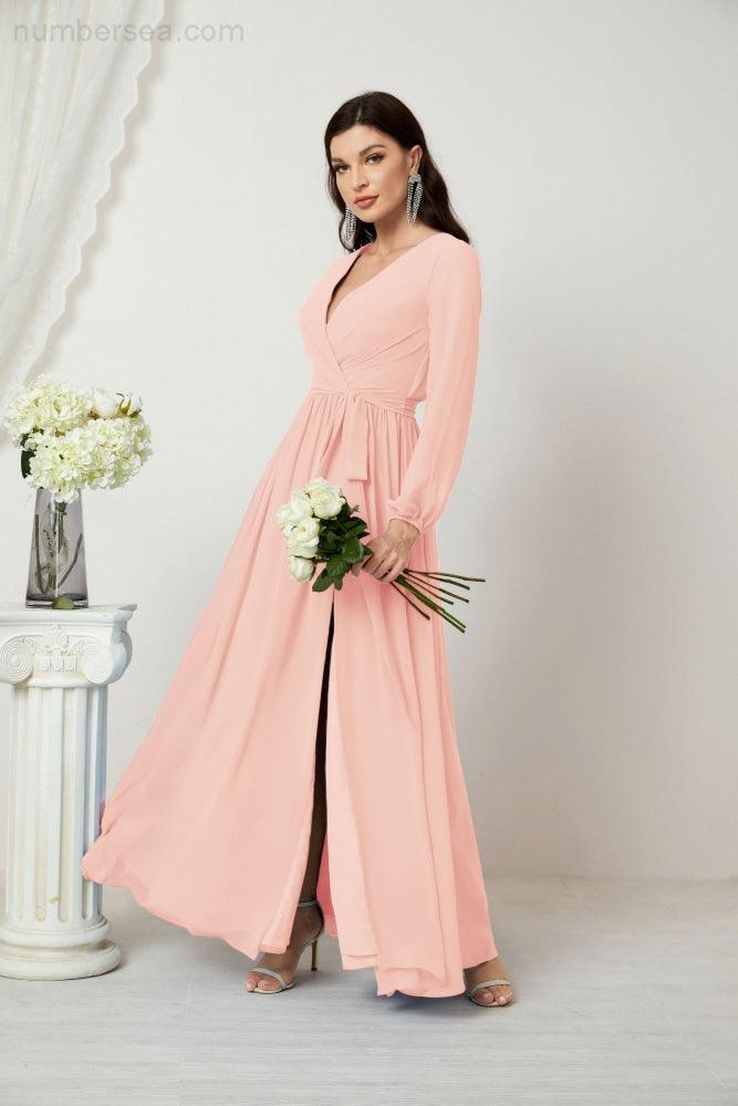 Evening Dresses Deep V-Neck Chiffon Bridesmaid Dresses Long Bishop Sleeve Side Split Formal Dress 2806
