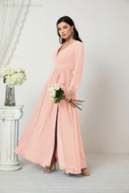 Evening Dresses Deep V-Neck Chiffon Bridesmaid Dresses Long Bishop Sleeve Side Split Formal Dress 2806
