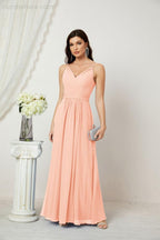 Chiffon V-Neck Bridesmaid Dress Spaghetti Strap Long Formal Party Prom Gowns with Slit 28010