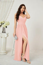 Neck Bridesmaid Dresses Chiffon Long Spaghetti A-line Formal Prom Gown for Wedding Party Evening 2801