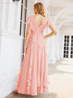 Ruffled Bridesmaid Dresses with Sleeves Long Formal Party Dress 28041